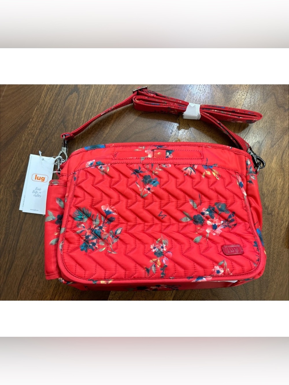 lug Quilted Floral Crossbody Bag in Red with Blue Accents